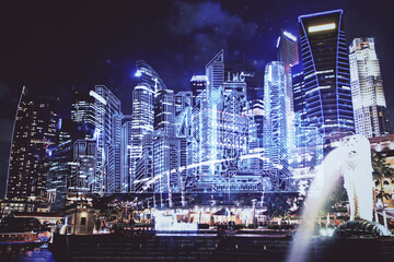 Double exposure of buildings hologram over cityscape background. Concept of smart city.
