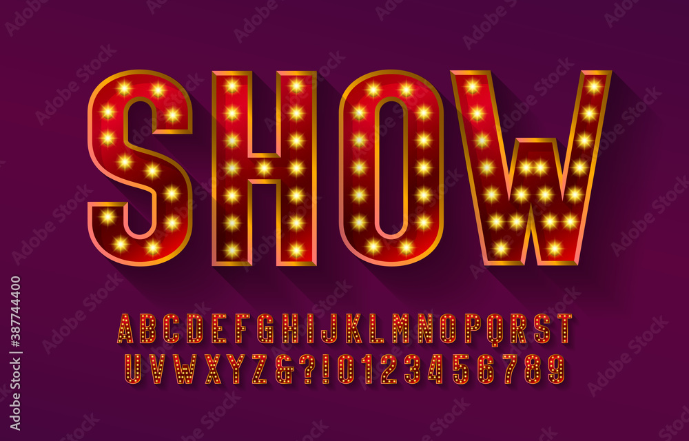 Fototapete show alphabet font. 3d letters and numbers with light bulbs and shadows. vector typeface for your de