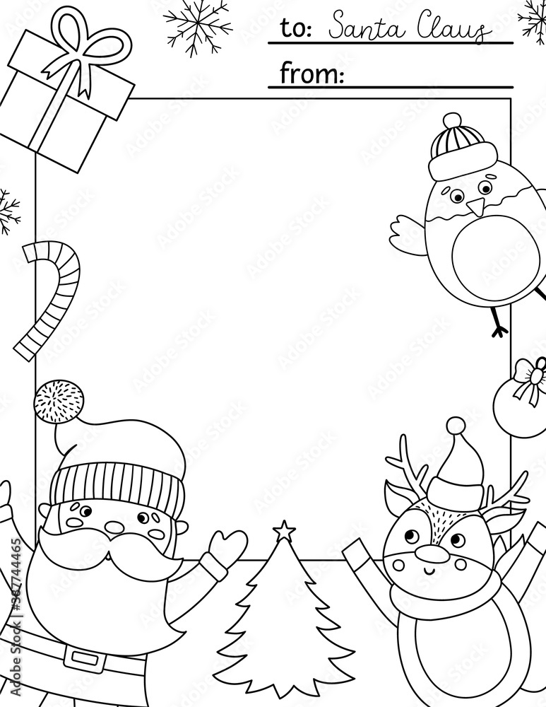 Poster Vector black and white letter to Santa Claus template. Cute Christmas card design. Winter frame layout for kids with funny characters. Festive background or coloring page with place for text. .