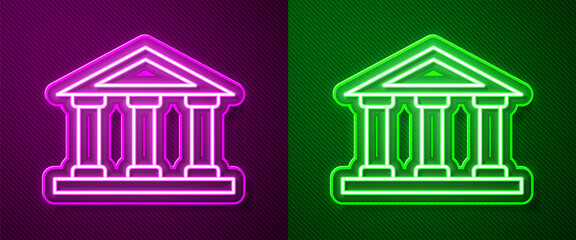 Glowing neon line Courthouse building icon isolated on purple and green background. Building bank or museum. Vector.
