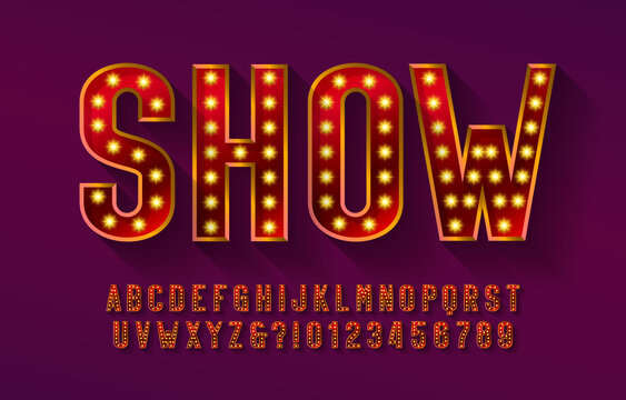 Show alphabet font. 3D letters and numbers with light bulbs and shadows. Vector typeface for your design.