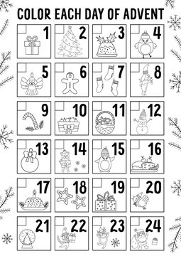 Vector black and white Christmas advent calendar with traditional holiday symbols. Cute winter planner for kids. Festive poster or coloring page design with Santa Claus, fir tree, deer, present.