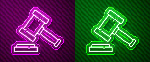 Glowing neon line Judge gavel icon isolated on purple and green background. Gavel for adjudication of sentences and bills, court, justice. Auction hammer. Vector.