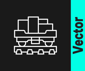 White line Cargo train wagon icon isolated on black background. Full freight car. Railroad transportation. Vector.