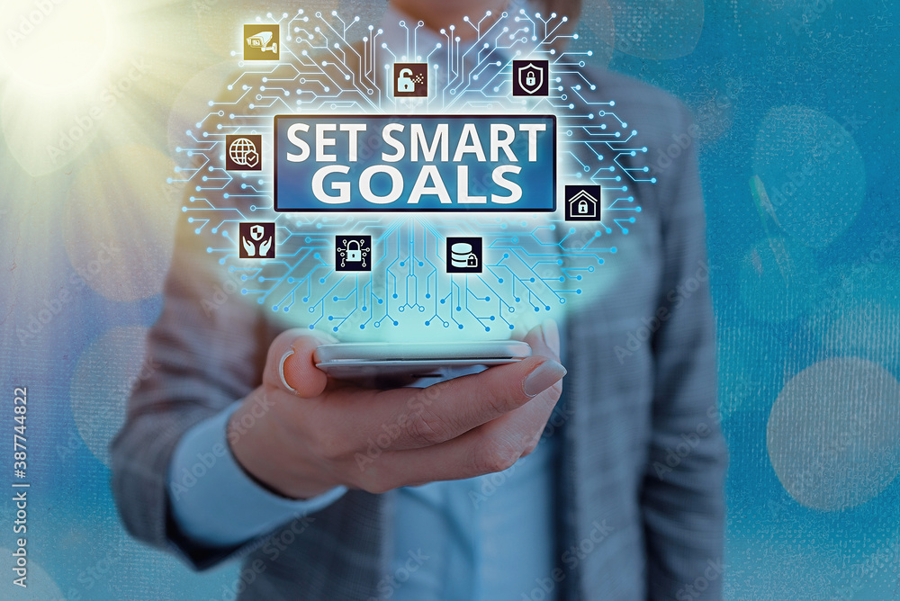 Poster conceptual hand writing showing set smart goals. concept meaning giving criteria to guide in the set