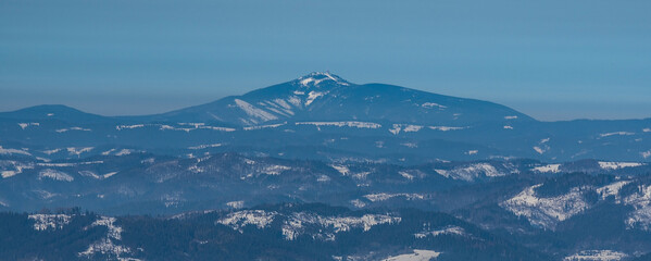 Lysa hora hill in Moravskoslezske Beskydy mountains in Czech republic from Mincol hill in Mala...