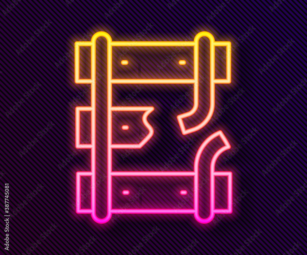 Poster glowing neon line broken or cracked rails on a railway icon isolated on black background. vector.