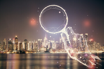 Double exposure of start up theme drawings over cityscape background. Concept of success.