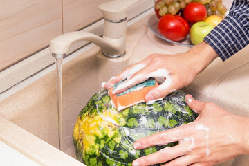 Hands washing watermelon with soap and sponge in the sink on kitchen. Washing fruits and vegetables concept