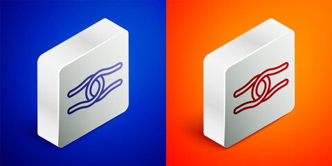 Isometric line Rope tied in a knot icon isolated on blue and orange background. Silver square button. Vector.