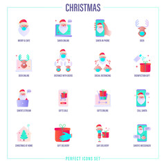 Christmas at new normal. Gradient flat icons set. Santa Claus online, video call with Santa, social distancing, using surgical masks, safety delivery, messenger with Santa. Vector illustration.