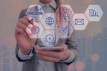 Word writing text Conclusions. Business photo showcasing explanation that uses data to support or...