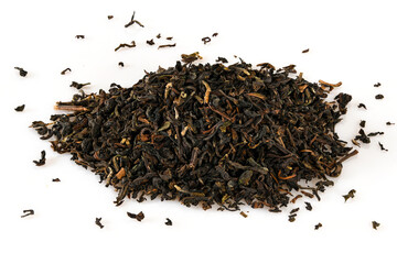 Black loose dry tea from Darjeling, India. Close-up macro high resolution isolated on white background..