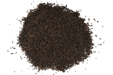 Black loose dry tea from Darjeling, India. Close-up macro high resolution isolated on white background top view.