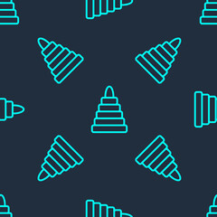 Green line Pyramid toy icon isolated seamless pattern on blue background. Vector.