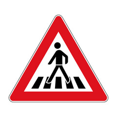 Pedestrian crossing traffic sign. Vector illustration of red triangular warning road sign about pedestrian crosswalk ahead. Warning about possibility of people appearing on road. 