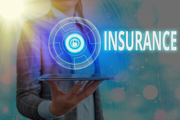 Text sign showing Insurance. Business photo text coverage by contract whereby one party undertakes to guarantee Graphics padlock for web data information security application system