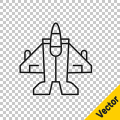 Black line Jet fighter icon isolated on transparent background. Military aircraft. Vector.