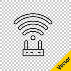 Black line Router and wi-fi signal icon isolated on transparent background. Wireless ethernet modem router. Computer technology internet. Vector.