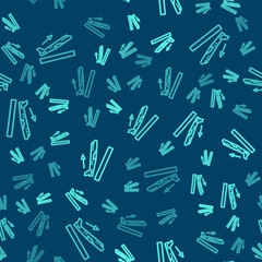 Green line Plane takeoff icon isolated seamless pattern on blue background. Airplane transport symbol. Vector.