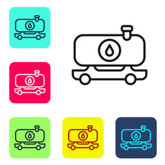 Black line Fuel tanker truck icon isolated on white background. Gasoline tanker. Set icons in color square buttons. Vector.