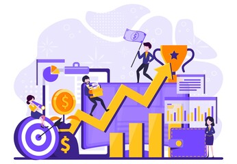 the employees in the office who are watching their office revenue graphs and reaching the target of the company. Vector illustration