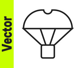 Black line Box flying on parachute icon isolated on white background. Parcel with parachute for shipping. Delivery service, air shipping. Vector.