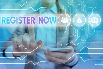 Handwriting text writing Register Now. Conceptual photo Name in an Official List Enlist to be a Member Sign up System administrator control, gear configuration settings tools concept