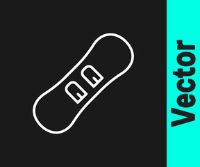 White line Snowboard icon isolated on black background. Snowboarding board icon. Extreme sport. Sport equipment. Vector.