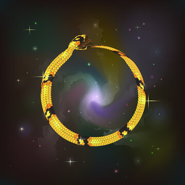 Golden snake Ouroboros, devouring its tail against the background of the cosmic galactic sky. Vector illustration.