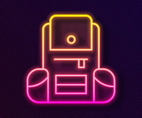 Glowing neon line Hiking backpack icon isolated on black background. Camping and mountain exploring backpack. Vector.