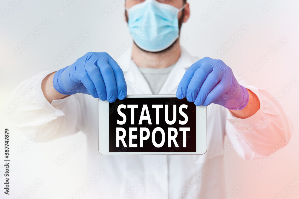 Poster text sign showing status report. business photo text summarizes the particular situation as of a sta