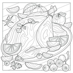 Baked chicken with orange, apple, berries and cilantro.Coloring book antistress for children and adults. Illustration isolated on white background.Zen-tangle style.