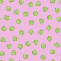 Green apples on a pink background. Seamless pattern. Fruit illustration for textile, fabric, clothing, paper, packaging.