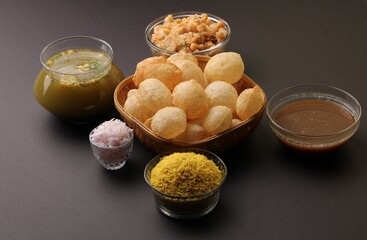 indian traditional food name pani puri or Golgappa, gol gappa or panipuri, the indian chat food. © Ojas