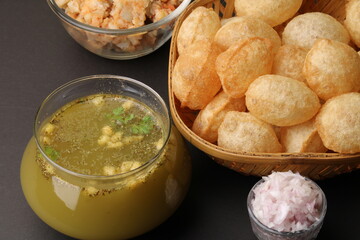 indian traditional food name pani puri or Golgappa, gol gappa or panipuri, the indian chat food. © Ojas