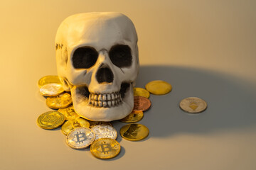 Bitcoin and skull mock up for business financial concept