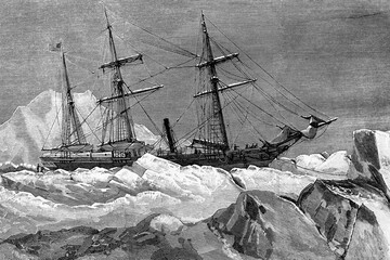 Arctic expedition of the North American ship Jeanette. Stranded and abandoned in the ice by its crew. June 1881. Antique illkustration. 1882. © Emilio Ereza