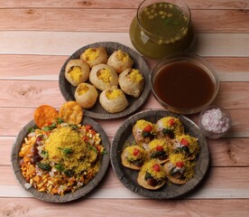 group of Bombay chat food includes golgappa/panipuri, bhel-puri, sev-poori.