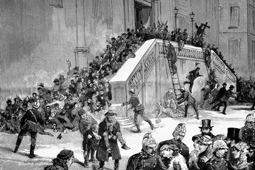 Warsaw, the catastrophe of the church of the Holy Cross, when people crowded into a false fire alarm, giving rise to the persecution of the jews in Russia,  Antique illustration. 1882.