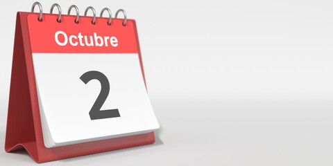 October 2 date written in Spanish on the flip calendar, 3d rendering