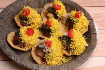 Sev Batata Puri OR Papdi chat - popular indian snacks or street food.