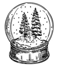 Toy glass snow globe with winter tree inside. Winter decorative Hand drawn vector illustration