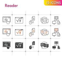 reader icon set. included homework, school, maths, touchscreen, click icons on white background. linear, bicolor, filled styles.
