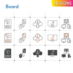 board icon set. included school, doc, information, click, microscope icons on white background. linear, bicolor, filled styles.