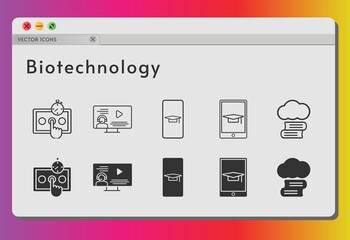 biotechnology icon set. included student-smartphone, cloud library, test, instructor, student-tablet icons on white background. linear, filled styles.