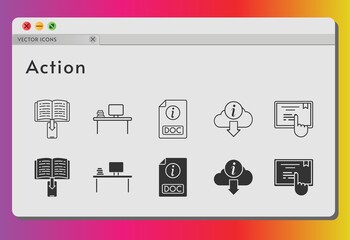 action icon set. included ebook, desktop, doc, information, touchscreen icons on white background. linear, filled styles.
