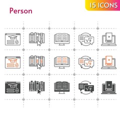 person icon set. included ebook, homework, learn, book, login icons on white background. linear, bicolor, filled styles.