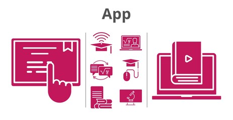 app set. included professor, cap, homework, online-learning, learn, elearning, touchscreen, microscope icons. filled styles.