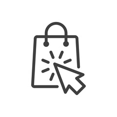 Símbolo de tienda en línea. Logotipo lineal con bolsa de la compra con flecha de cursor en color gris